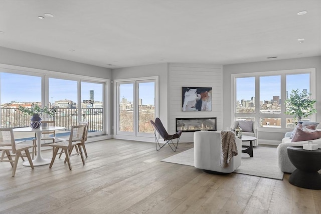 living room featuring light hardwood / wood-style floors, a large fireplace, and a healthy amount of sunlight