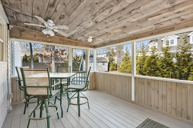 unfurnished sunroom with wood ceiling, ceiling fan, and lofted ceiling