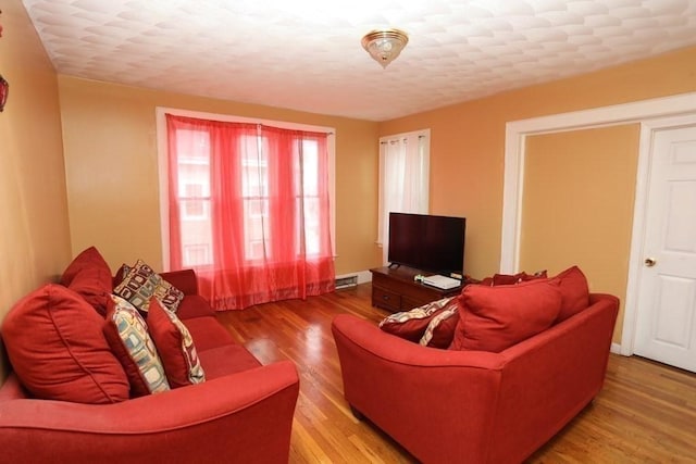 living room featuring light hardwood / wood-style flooring and a textured ceiling