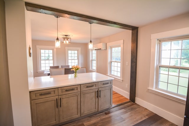 kitchen with hardwood / wood-style flooring and decorative light fixtures