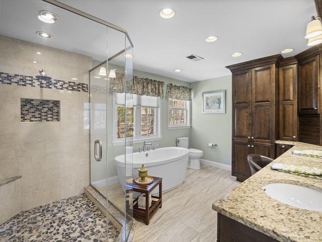 full bath featuring recessed lighting, baseboards, a soaking tub, and a stall shower
