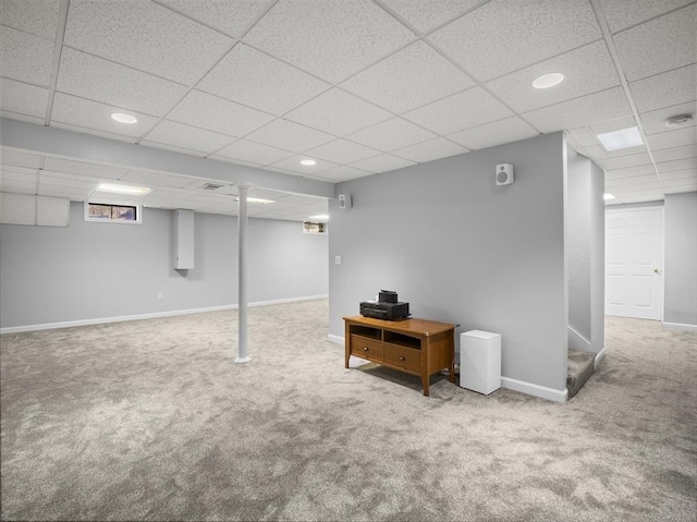 basement with recessed lighting, carpet flooring, a drop ceiling, and baseboards