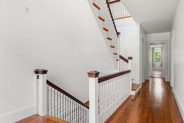 staircase with hardwood / wood-style floors