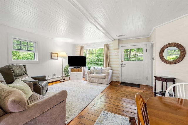 living room featuring hardwood / wood-style floors, wood ceiling, and a baseboard radiator