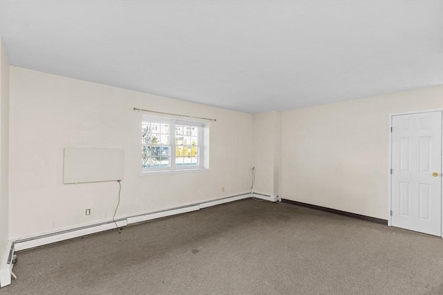 spare room featuring a baseboard heating unit and carpet flooring