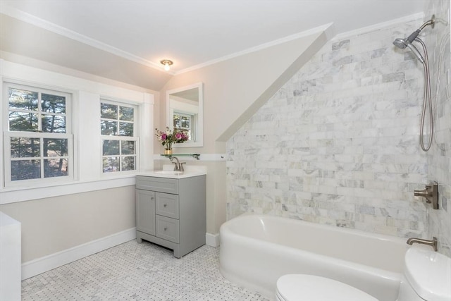 bathroom featuring baseboards, vanity, toilet, washtub / shower combination, and ornamental molding