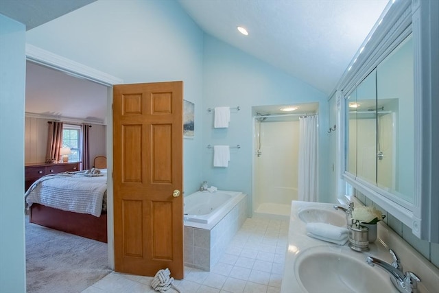 2 Fay Ct, Southborough, MA 01772 - ensuite bathroom featuring a sink, lofted ceiling, a garden tub, curtained shower, and tile patterned floors