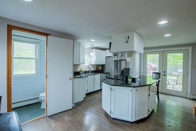 2 Fay Ct, Southborough, MA 01772 - kitchen featuring a baseboard radiator, dark countertops, white cabinets, dark wood-style flooring, and a sink