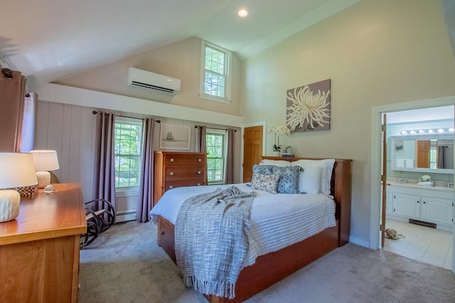 2 Fay Ct, Southborough, MA 01772 - bedroom featuring an AC wall unit, light carpet, high vaulted ceiling, multiple windows, and ensuite bath