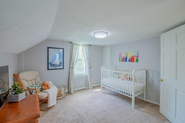 2 Fay Ct, Southborough, MA 01772 - bedroom featuring a textured ceiling, carpet floors, a crib, vaulted ceiling, and baseboards