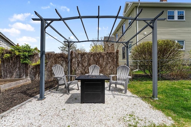 view of patio / terrace featuring an outdoor fire pit and fence