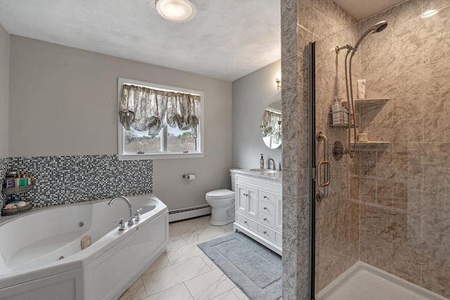 full bath featuring vanity, marble finish floor, a tub with jets, a baseboard heating unit, and a stall shower