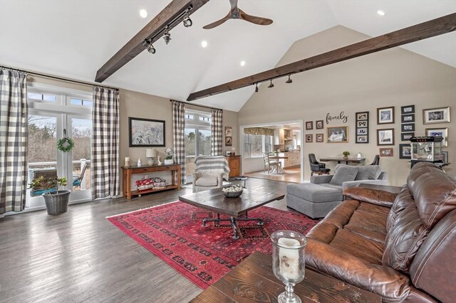 living area featuring beam ceiling, wood finished floors, ceiling fan, high vaulted ceiling, and recessed lighting