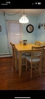 dining room with hardwood / wood-style floors and a baseboard heating unit