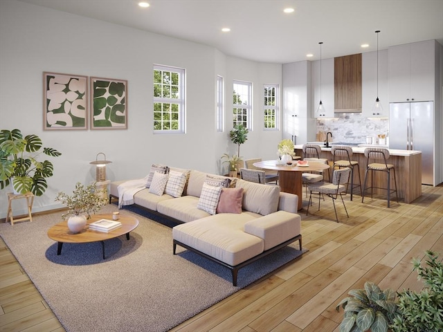 living room featuring light wood finished floors and recessed lighting