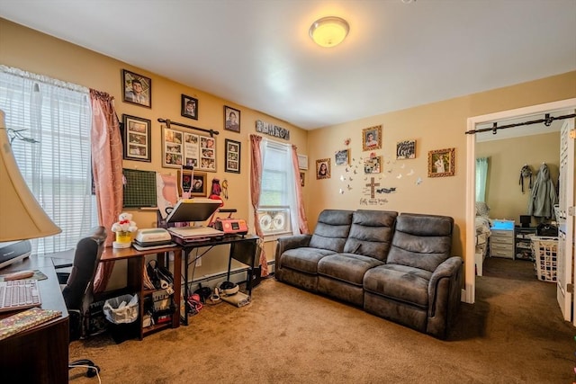 carpeted home office with baseboard heating