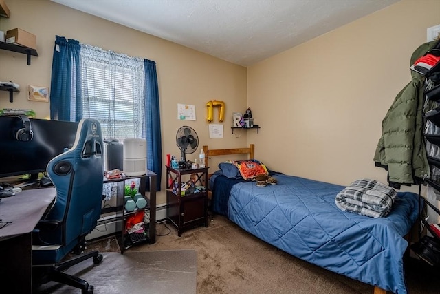 bedroom featuring carpet floors and an office area