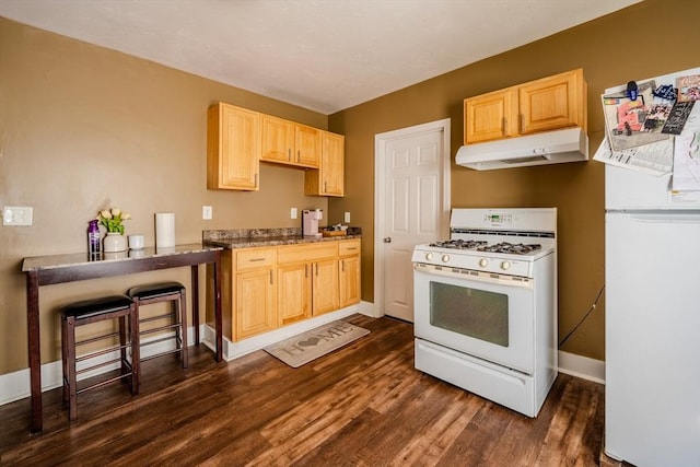 kitchen featuring white appliances, under cabinet range hood, light brown cabinetry, and dark wood-style floors