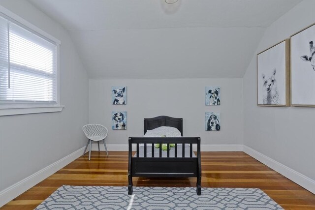 bedroom featuring lofted ceiling, wood finished floors, and baseboards