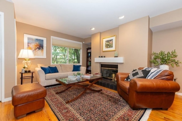 1175 Chestnut St Unit 33, Newton, MA 02464 - living area with wood finished floors, a glass covered fireplace, baseboards, and recessed lighting