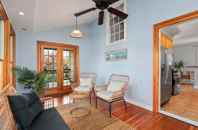 409-411 Atlantic Ave Unit 409, Marblehead, MA 01945 - sitting room featuring ceiling fan, vaulted ceiling, wood finished floors, and recessed lighting