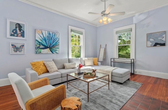 409-411 Atlantic Ave Unit 409, Marblehead, MA 01945 - living area featuring ornamental molding, ceiling fan, and wood finished floors