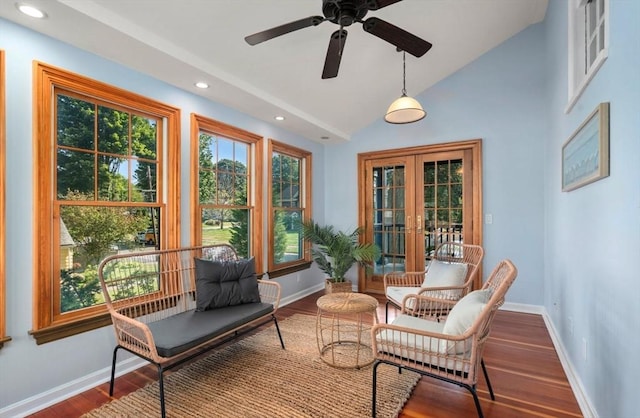 409-411 Atlantic Ave Unit 409, Marblehead, MA 01945 - living area featuring french doors, recessed lighting, wood finished floors, vaulted ceiling, and ceiling fan