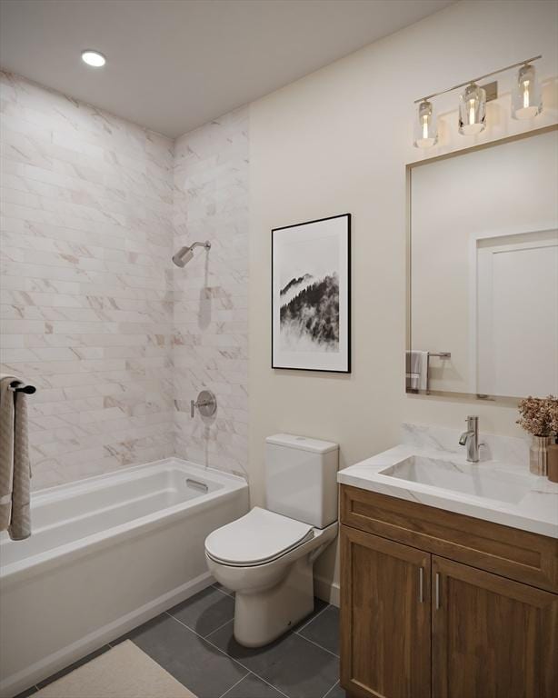 full bath with tile patterned flooring, toilet, vanity, and shower / bath combination