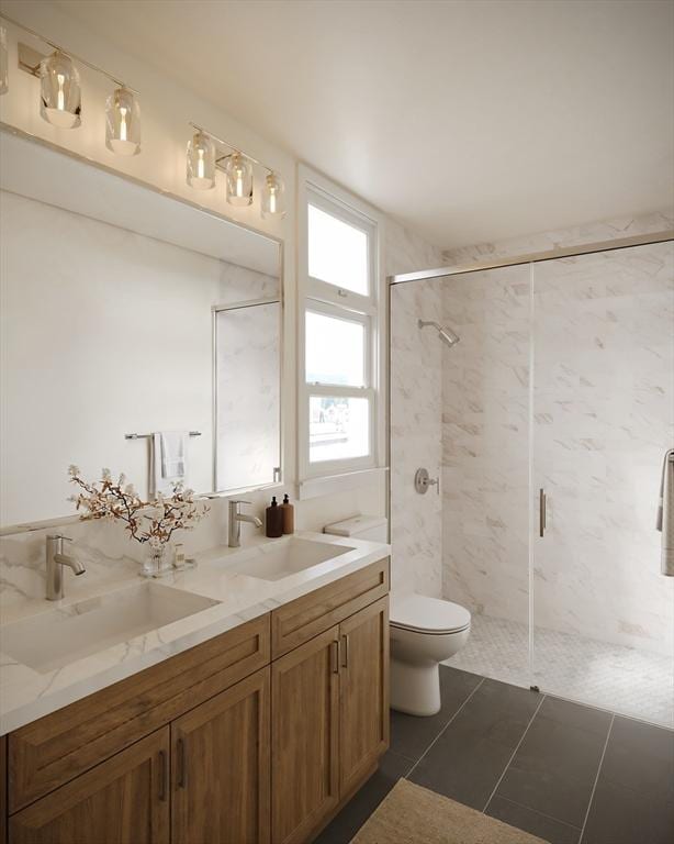 full bathroom with a sink, a marble finish shower, toilet, and tile patterned flooring