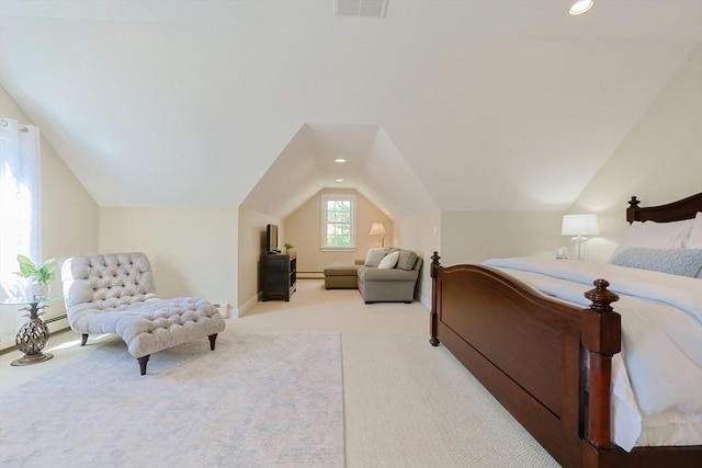 bedroom featuring carpet floors, recessed lighting, lofted ceiling, and visible vents