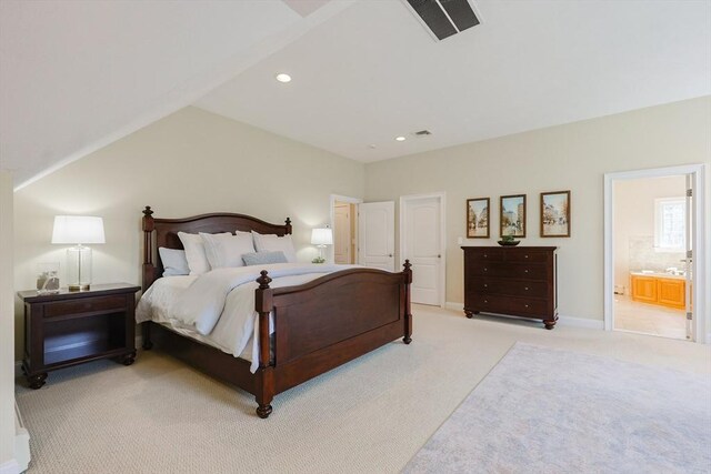 bedroom featuring light colored carpet, recessed lighting, baseboards, and visible vents