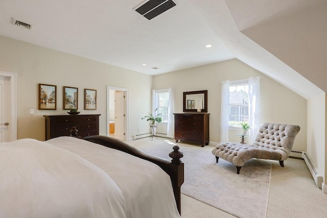 bedroom with light colored carpet, visible vents, and multiple windows