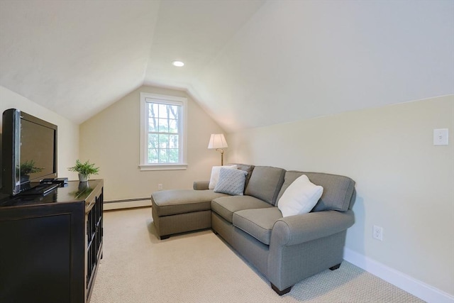 living room with baseboards, a baseboard heating unit, vaulted ceiling, and light carpet