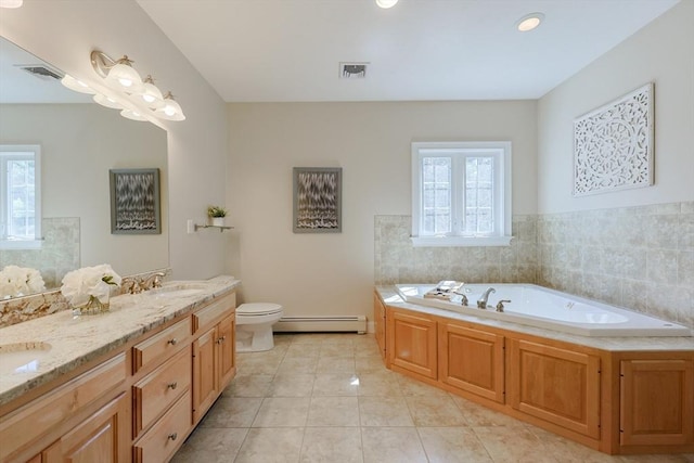 full bath featuring visible vents, a sink, a bath, tile patterned floors, and a baseboard radiator