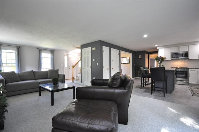 3 Cornet Stetson, Rockland, MA 02370 - living area with light colored carpet, stairs, and recessed lighting