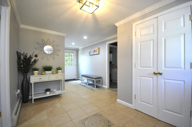 3 Cornet Stetson, Rockland, MA 02370 - foyer entrance featuring a baseboard heating unit, crown molding, baseboards, recessed lighting, and light tile patterned flooring