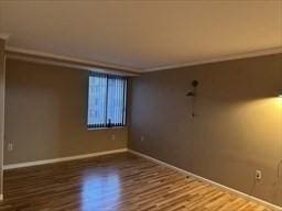 unfurnished room featuring wood-type flooring and ornamental molding