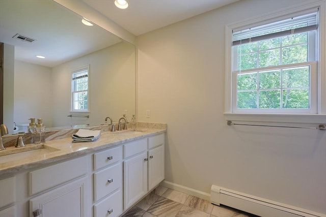 2 David Henry Gardner Ln, Southborough, MA 01772 - full bath featuring a baseboard heating unit, double vanity, baseboards, and recessed lighting