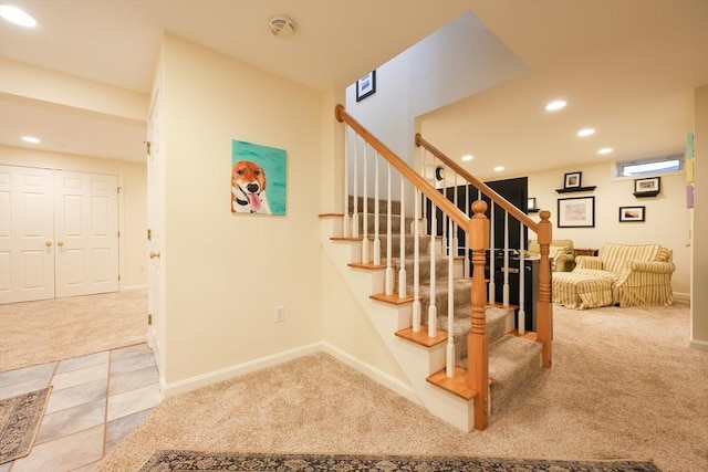 2 David Henry Gardner Ln, Southborough, MA 01772 - stairs featuring carpet floors, recessed lighting, and baseboards