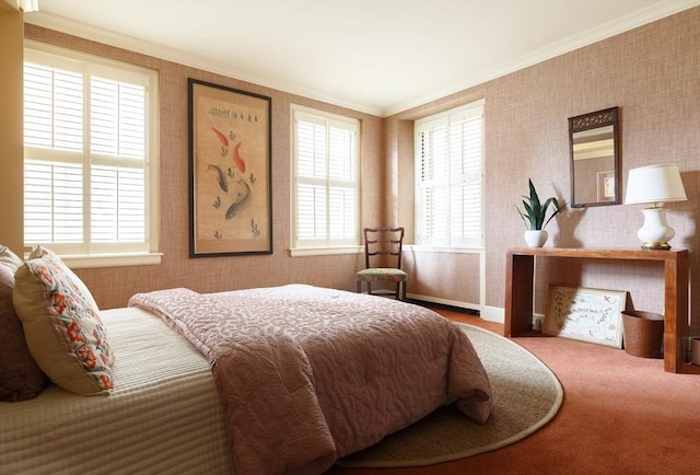 172 Beacon St Unit 4, Boston, MA 02116 - carpeted bedroom featuring multiple windows, crown molding, baseboards, and wallpapered walls