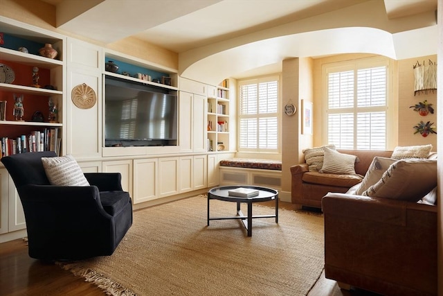 172 Beacon St Unit 4, Boston, MA 02116 - living room with wood finished floors and built in shelves