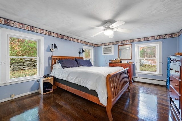 bedroom featuring a wall mounted air conditioner, baseboard heating, dark wood-type flooring, and ceiling fan