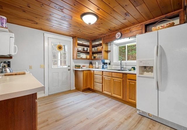 kitchen with sink, wooden ceiling, white appliances, and light hardwood / wood-style flooring