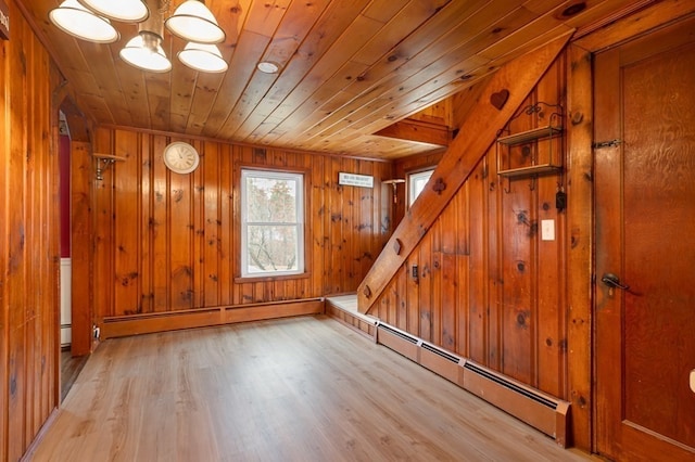 unfurnished room featuring a baseboard radiator, light hardwood / wood-style flooring, wood walls, and wood ceiling