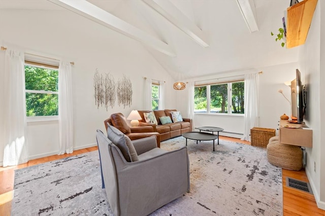 965 Main St, Wilbraham, MA 01095 - living room featuring beam ceiling, healthy amount of natural light, light wood-type flooring, and high vaulted ceiling
