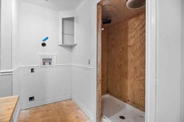 11 Williams St, Dudley, MA 01571 - laundry room featuring hookup for a washing machine, baseboards, ornamental molding, and light wood-type flooring