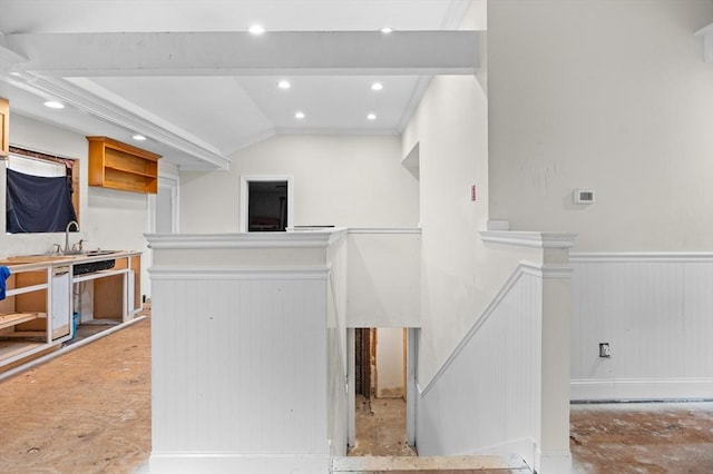 11 Williams St, Dudley, MA 01571 - kitchen featuring wainscoting, open shelves, lofted ceiling, and recessed lighting