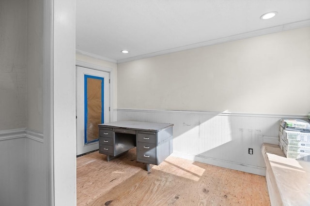 11 Williams St, Dudley, MA 01571 - bathroom with a wainscoted wall, wood finished floors, ornamental molding, and recessed lighting