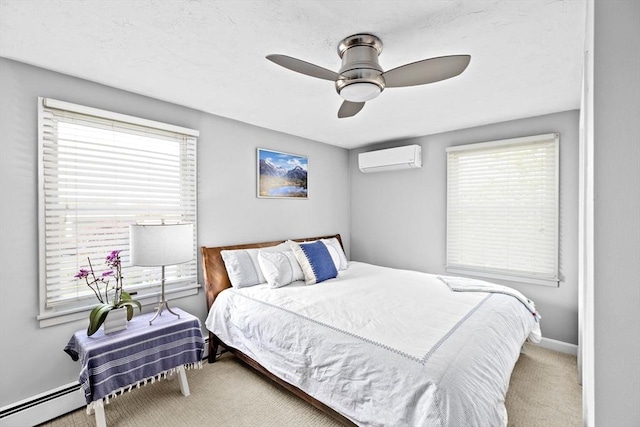 bedroom featuring a baseboard radiator, a wall mounted AC, multiple windows, and carpet floors