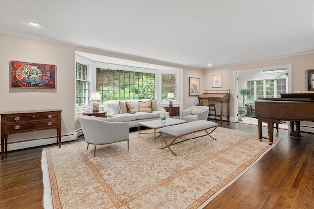 117 Deer Path Ln, Weston, MA 02493 - living area featuring crown molding, dark wood-style flooring, baseboard heating, and recessed lighting